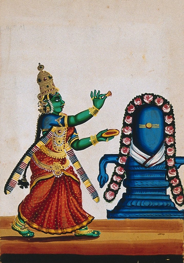 The Divine Mother Offering worship at the Shivling Of Lord Shiva, a classical painting